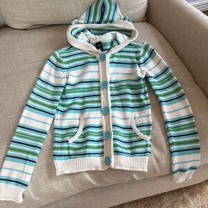 GAP Kids Green & White Striped Hooded Sweater